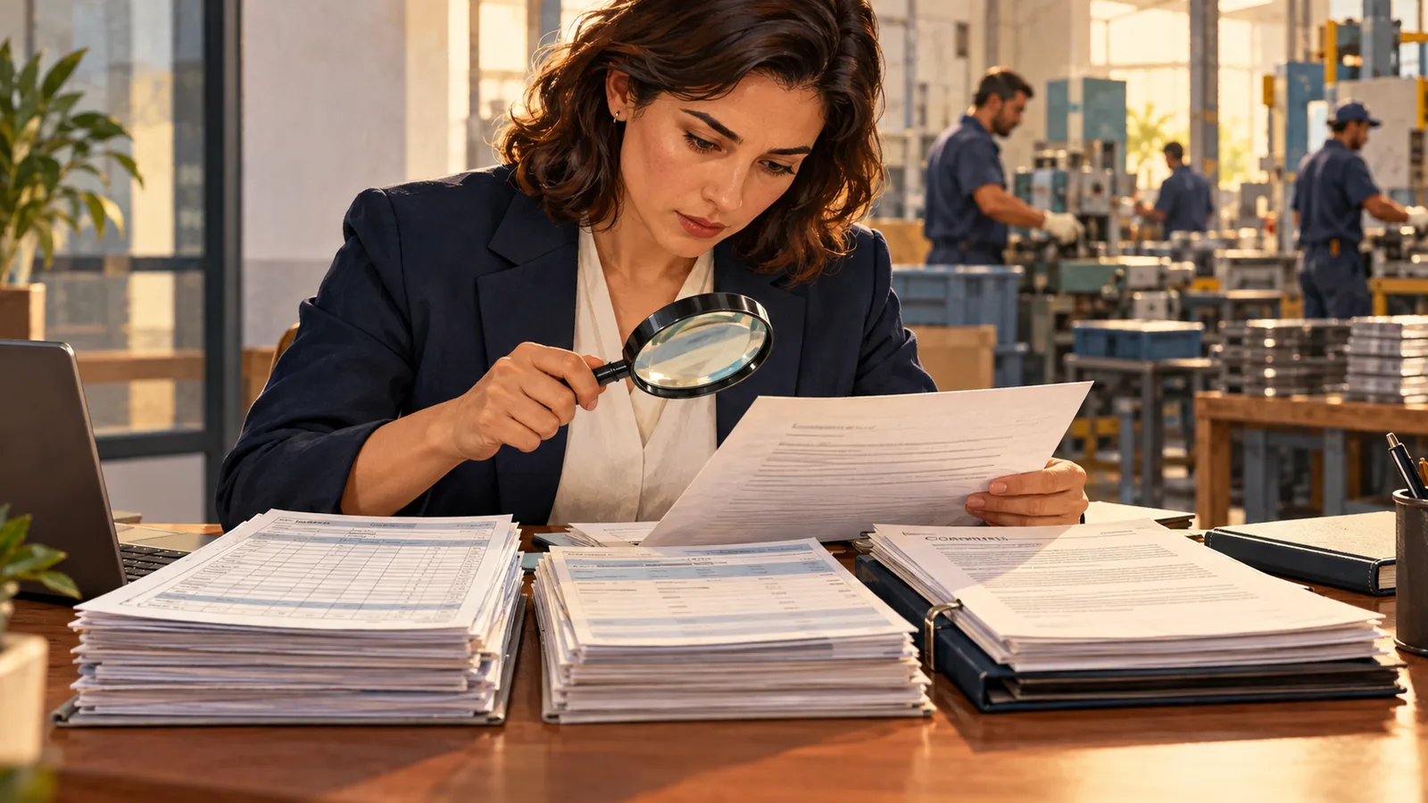 Ilustração de auditoria de contratos, registros de ponto e pagamentos trabalhistas.