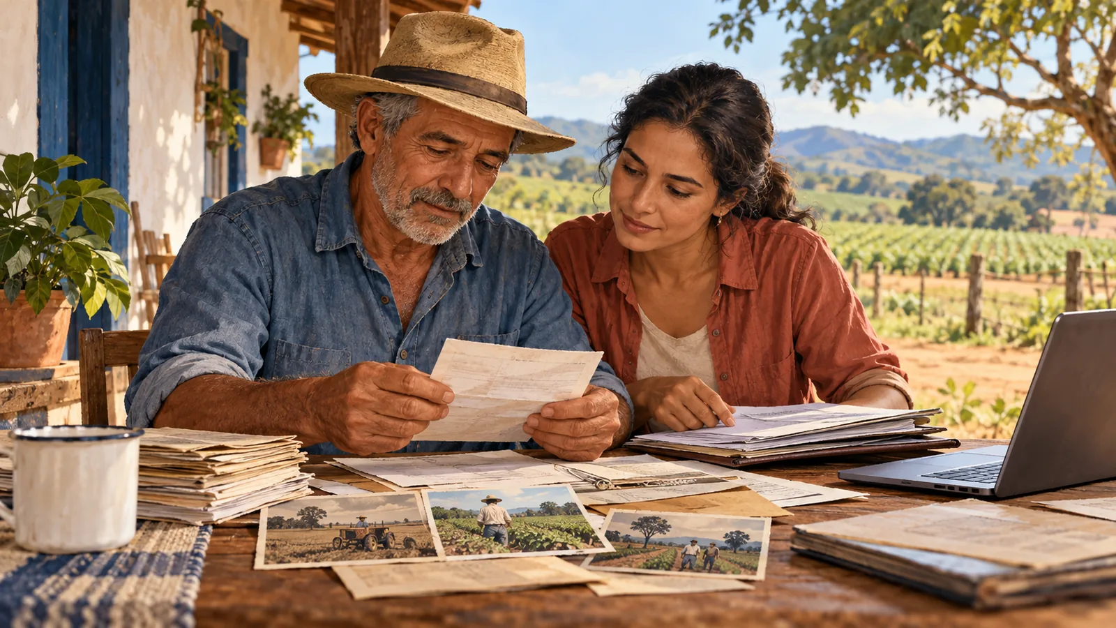 Ilustração de trabalhador rural organizando provas de atividade no campo para aposentadoria.