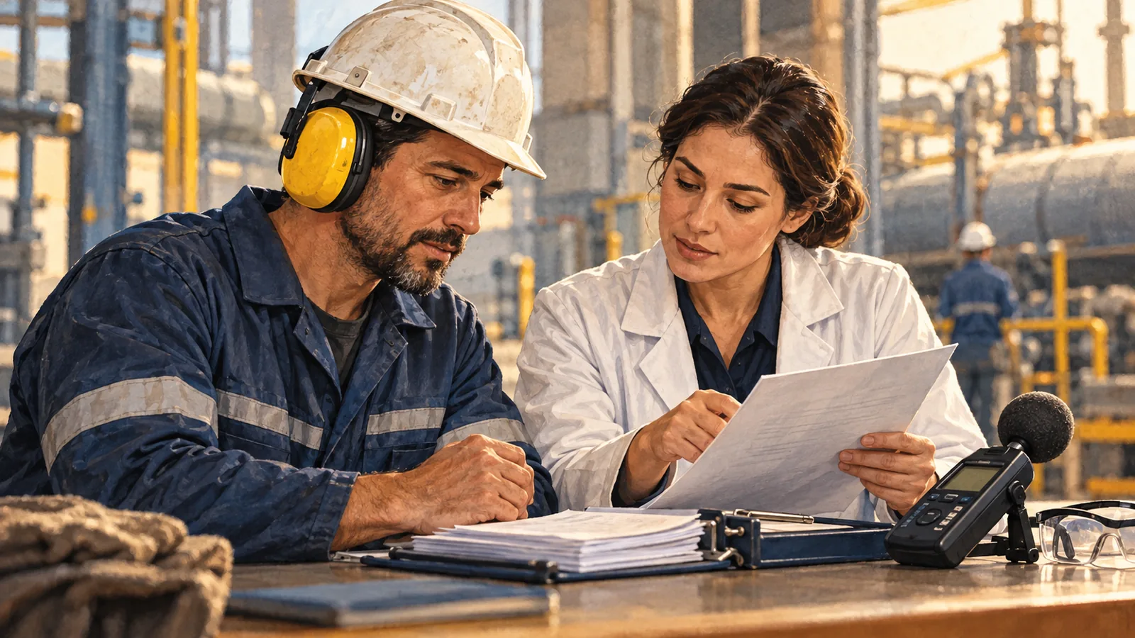 Ilustração de análise de exposição ocupacional e documentos para aposentadoria especial.