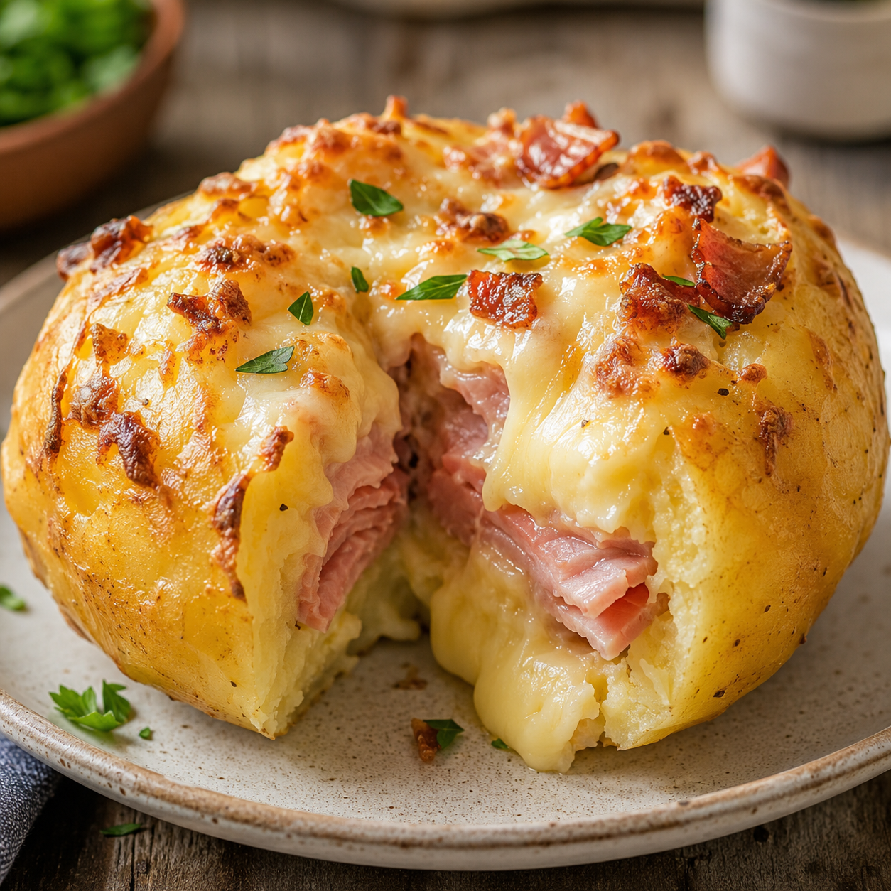 Batata Suíça recheada dourada e crocante em prato branco