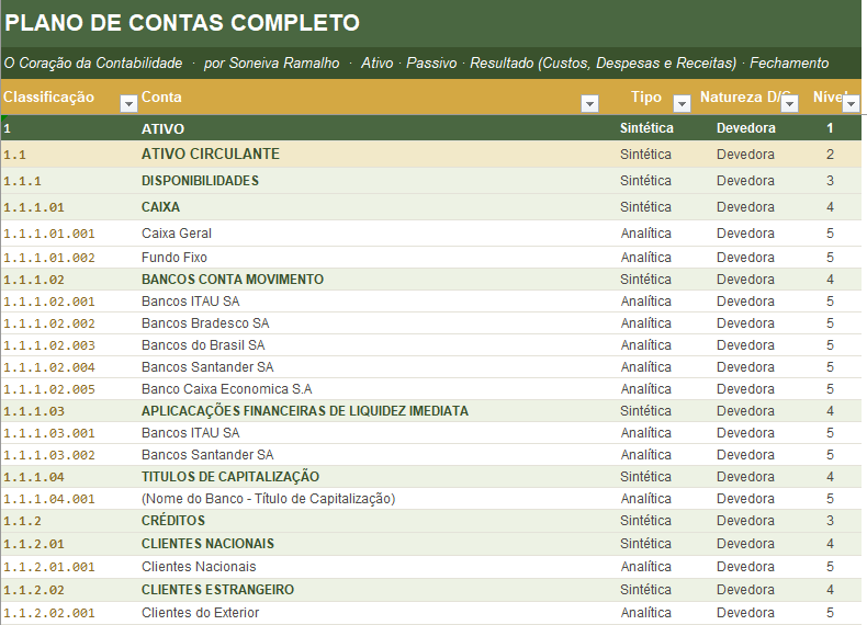 Plano de contas completo em Excel