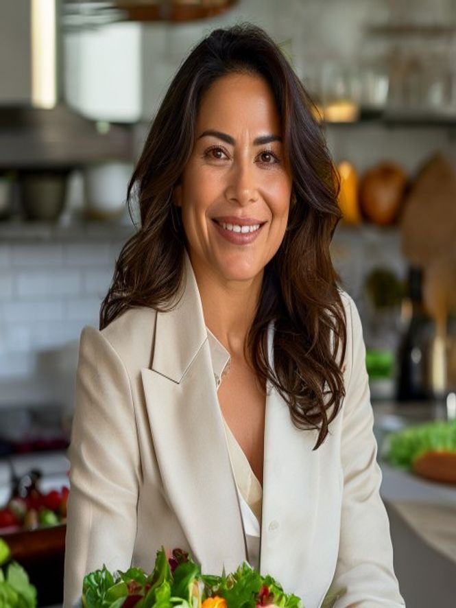 Retrato ultrarrealista de una especialista latina ficticia en una cocina luminosa