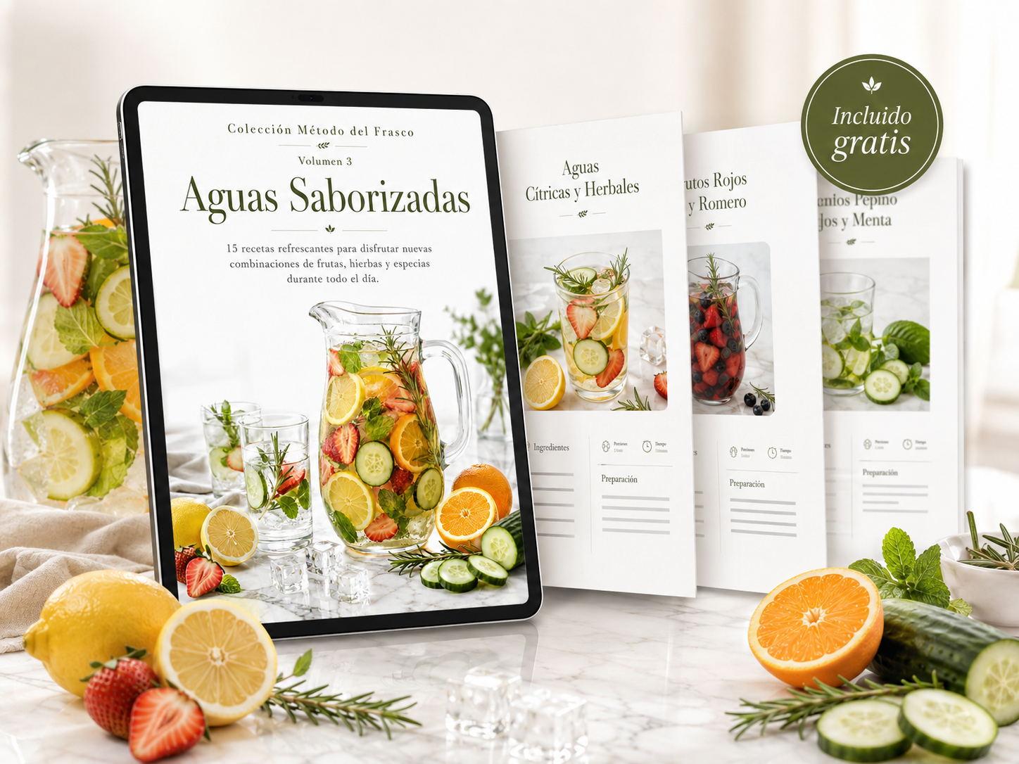 E-book digital con 15 recetas de aguas saborizadas