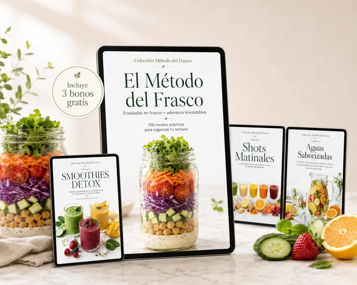 Ensaladas frescas en frasco y aderezos caseros