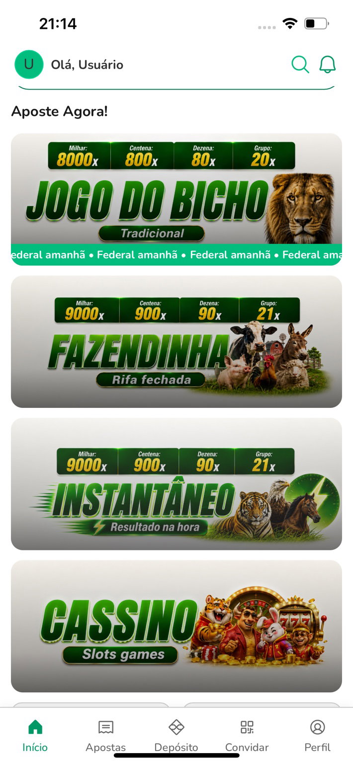 Tela da plataforma CasinoBicho com Jogo do Bicho, Fazendinha, Instantâneo e Cassino