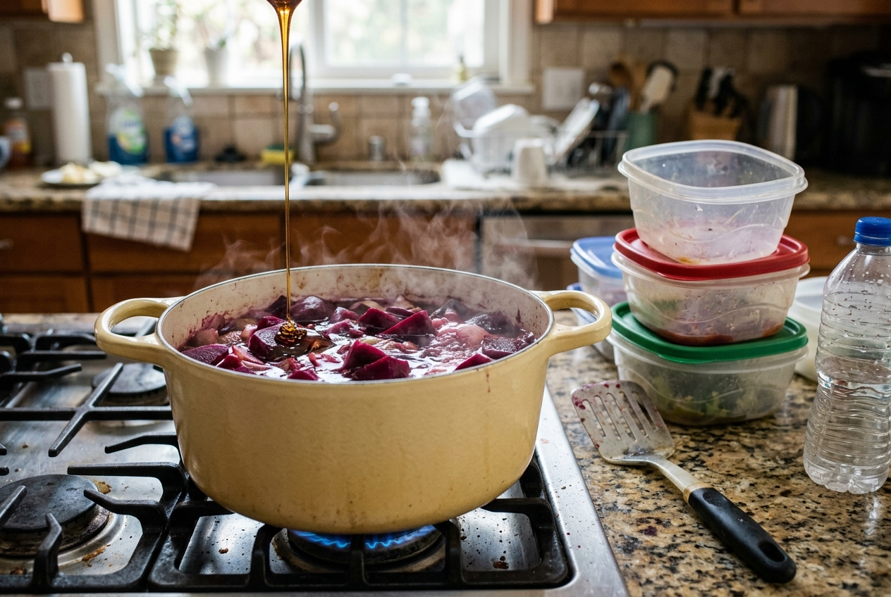 A cream enameled pot simmering dark purple fruit on a gas stove, beside a stack of plastic food containers and a plastic water bottle