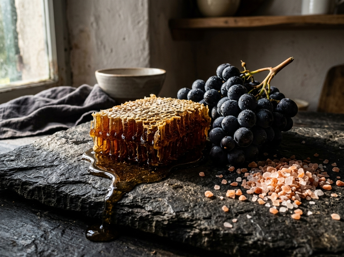 A slab of dark honeycomb dripping honey beside a bunch of dark purple grapes and coarse pink rock salt on a rustic stone slab