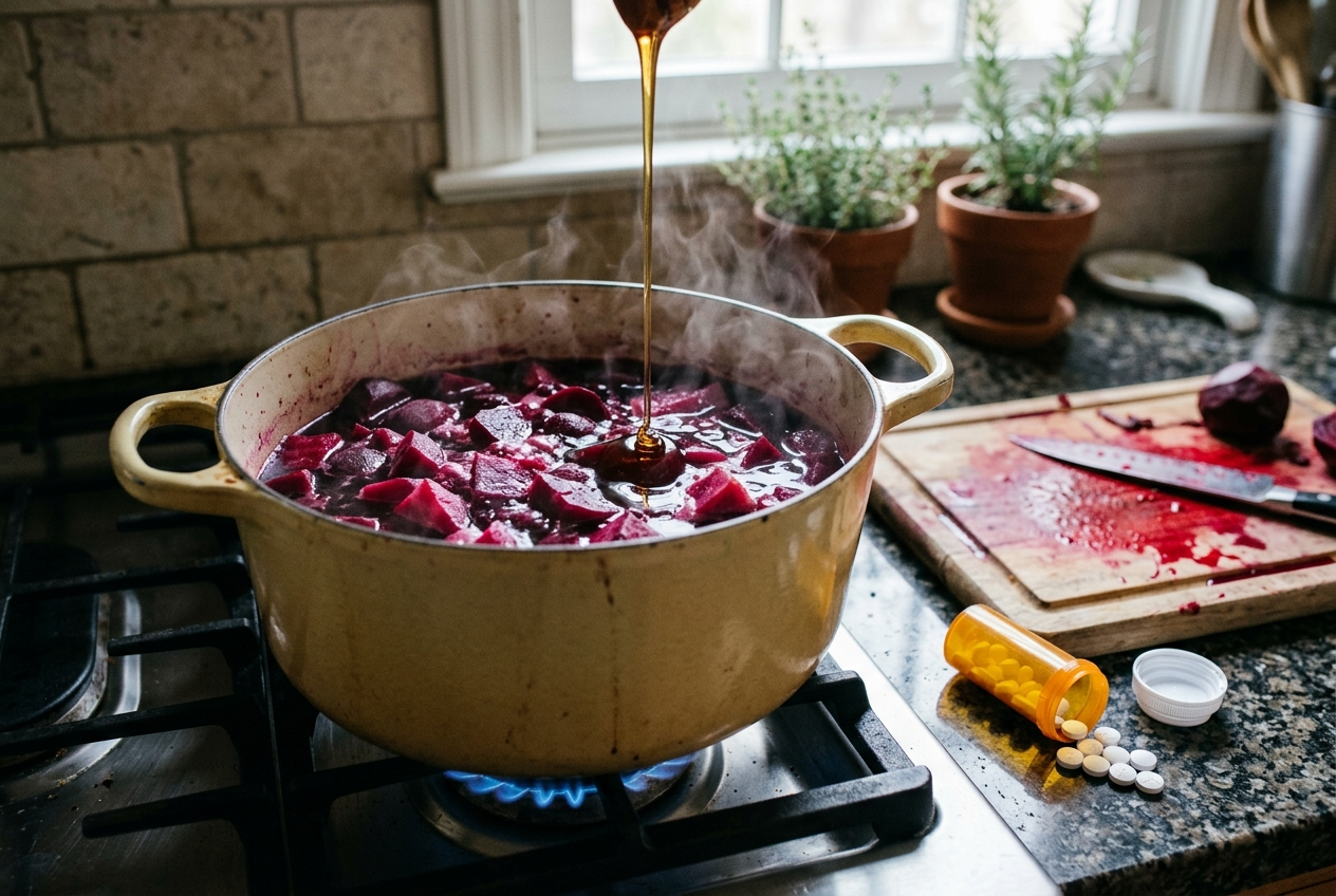 A cream enameled pot of beets simmering on a stove next to an overturned prescription bottle with white tablets spilled across the counter