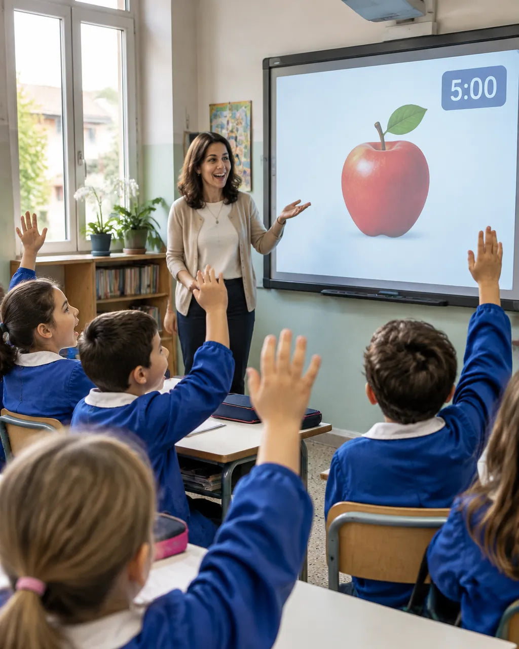 Una maestra alla LIM con un gioco di inglese e il timer: gli alunni alzano la mano e rispondono