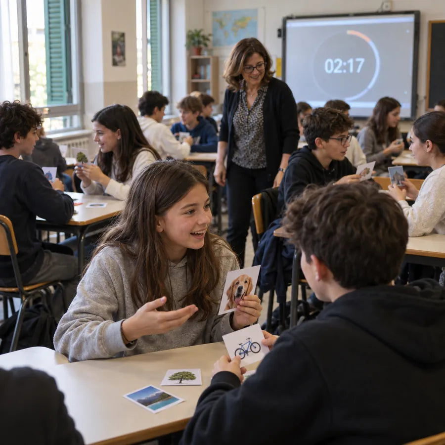 Alunni delle medie che parlano in inglese a coppie con le carte illustrate