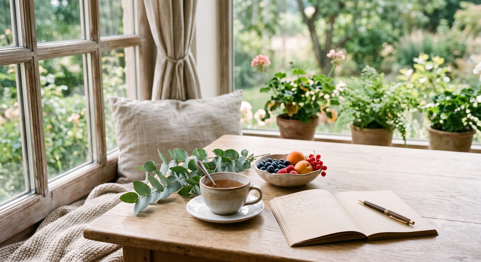 Une tasse de thé, un carnet ouvert et des fruits frais sur une table lumineuse près d'une fenêtre.