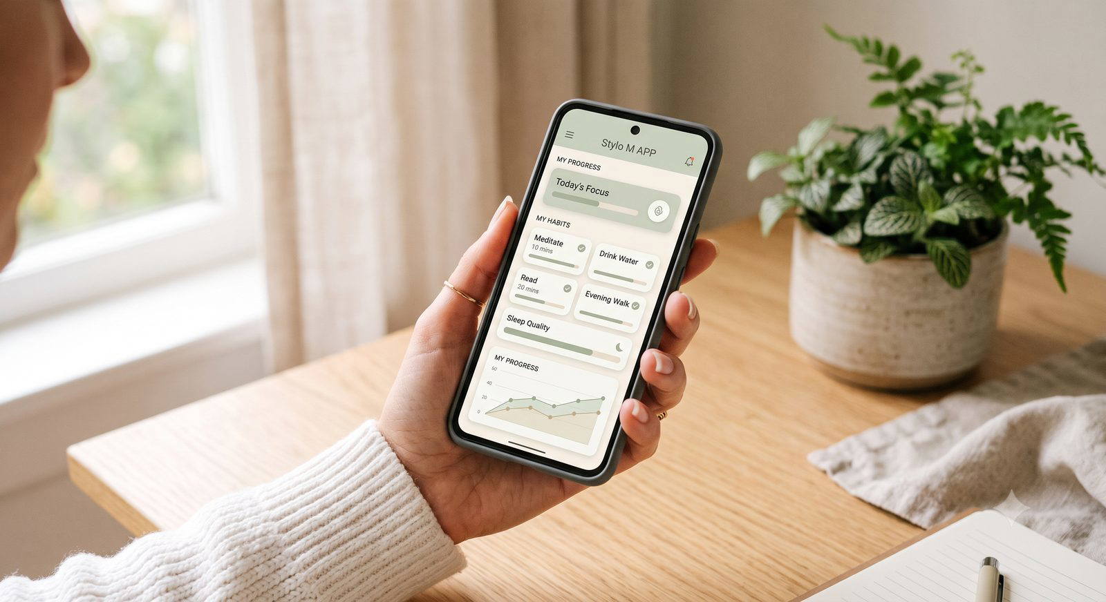 Une main tient un smartphone affichant l'application Stylo M avec un suivi d'habitudes.