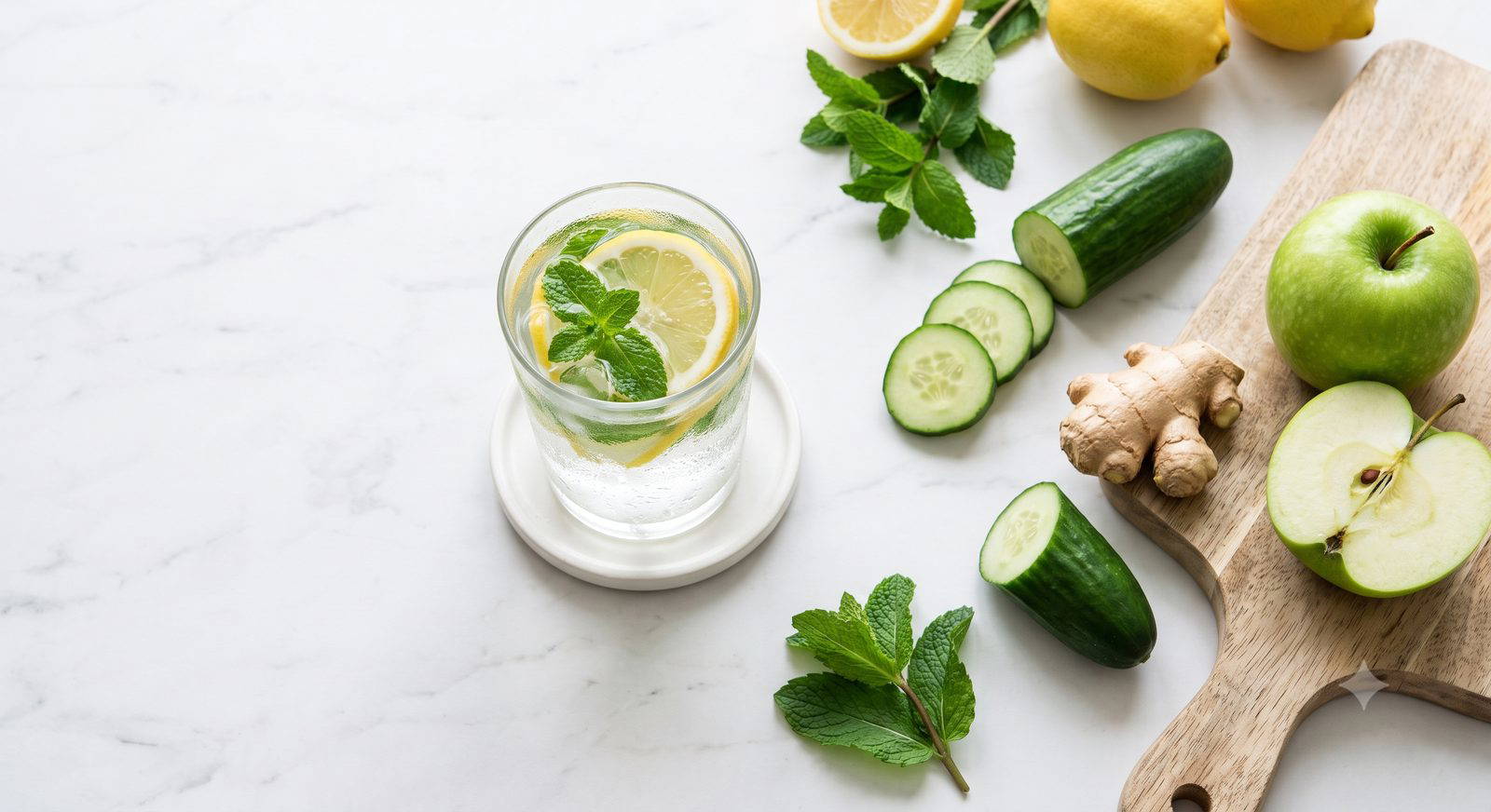 Un verre d'eau infusée au citron et à la menthe entouré de fruits et de légumes frais.