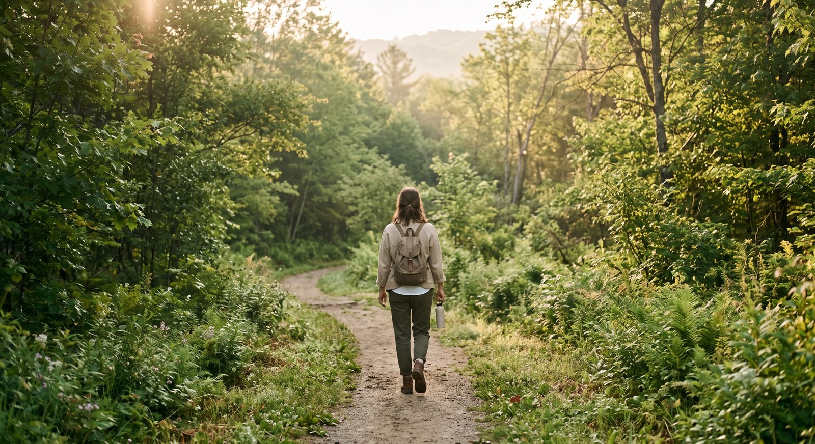 Une personne marche sur un sentier lumineux entouré de verdure, dans une ambiance paisible.