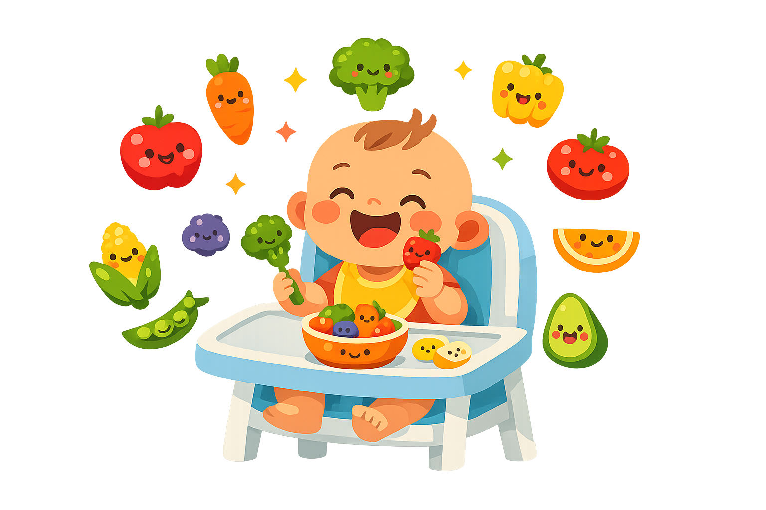 Bebê feliz comendo frutas e legumes no cadeirão