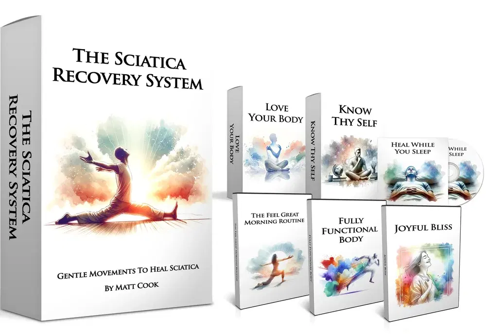 The Sciatica Recovery System — guided digital movement program shown on laptop, tablet and phone