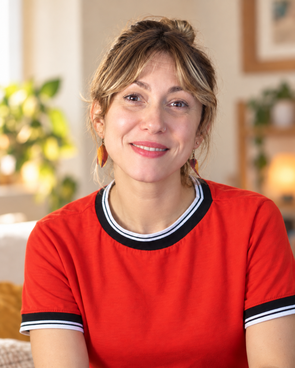Xênia Ricas, psicoterapeuta gestáltica e arteterapeuta, sorrindo em um ambiente acolhedor.