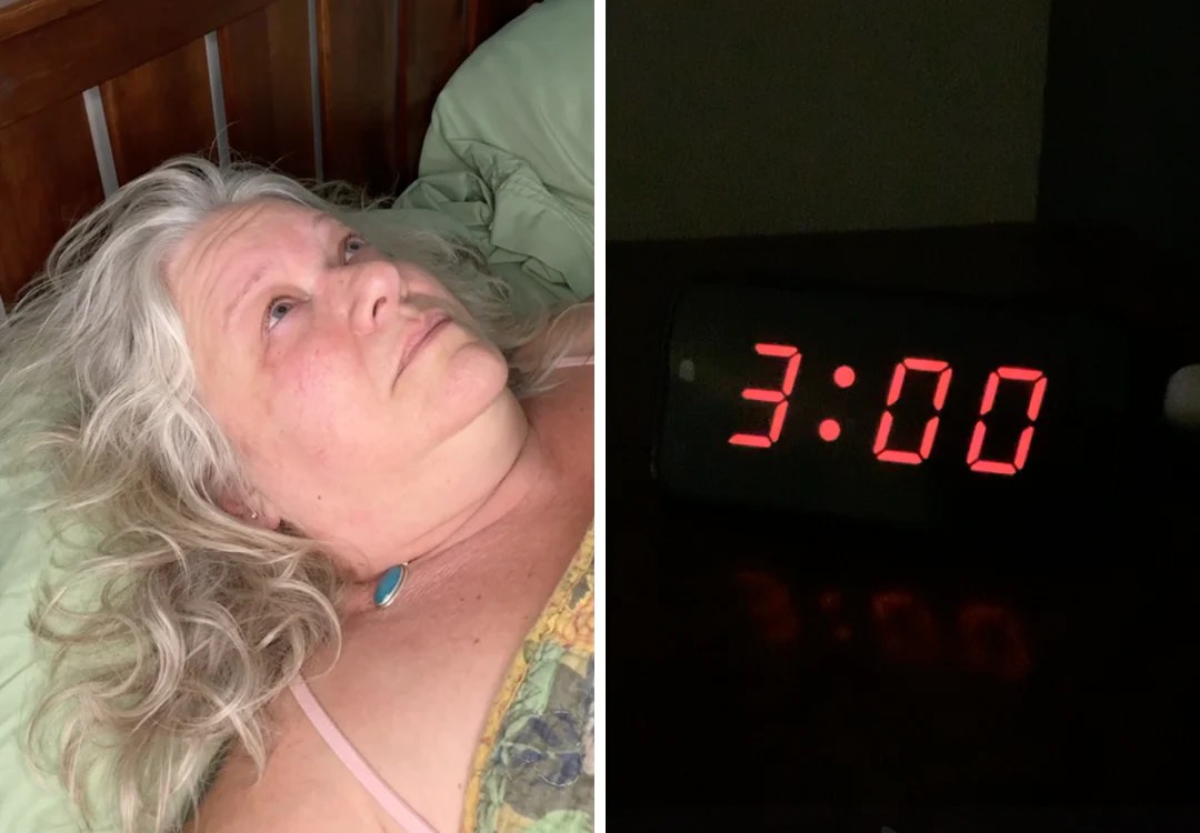 A woman lying awake in bed beside a clock reading 3:00