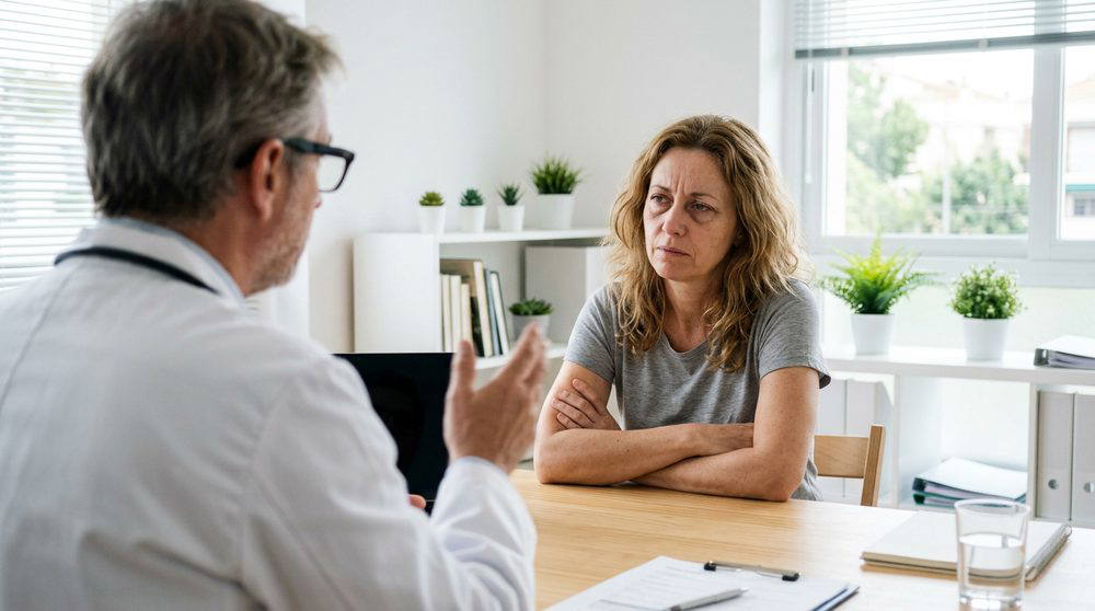 A doctor speaking with an exhausted patient across a desk