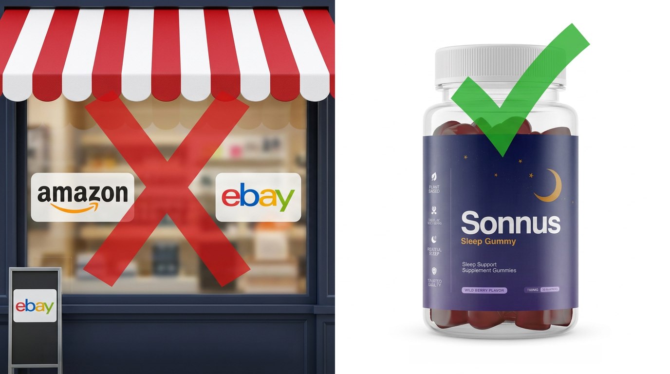 Amazon and eBay marketplaces marked with a red X versus Sonnus marked with a green check