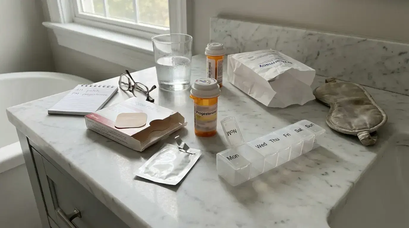 Hormone therapy and sleep aids on a bathroom counter