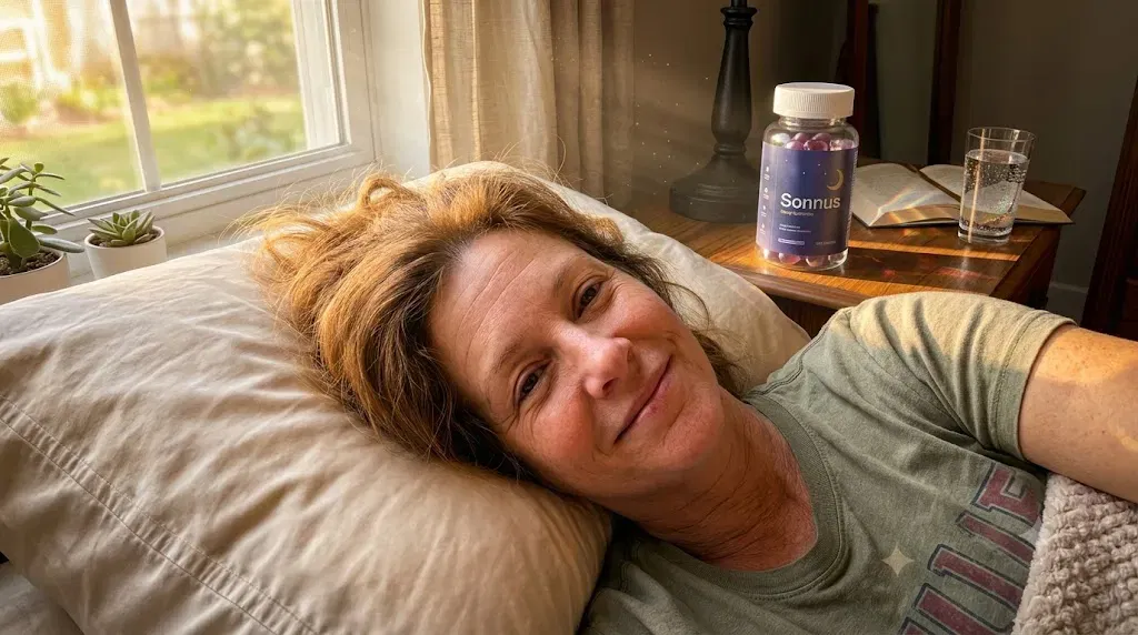 A woman waking rested with Sonnus Gummies on the nightstand