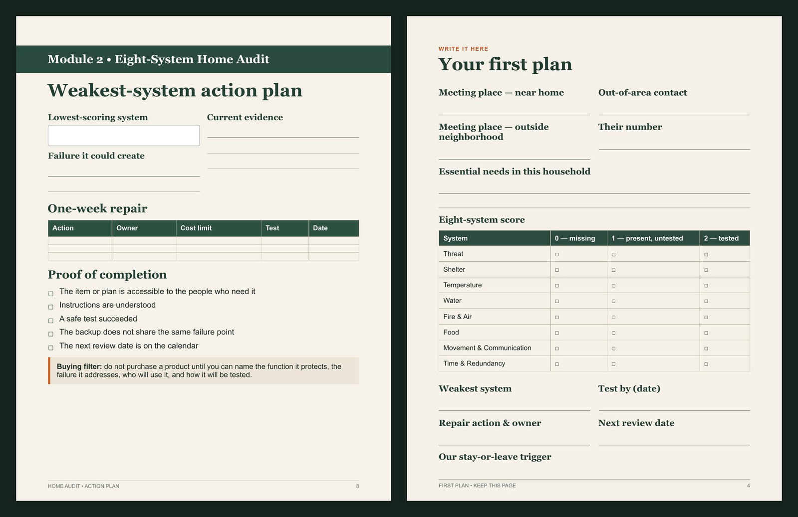 Real interior pages: the Toolkit Weakest-System Action Plan and the Quick-Start first-plan sheet, both with blank fields to write in