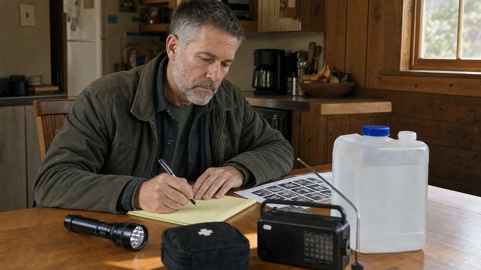 Martin Kellan organizing household preparedness supplies on a table
