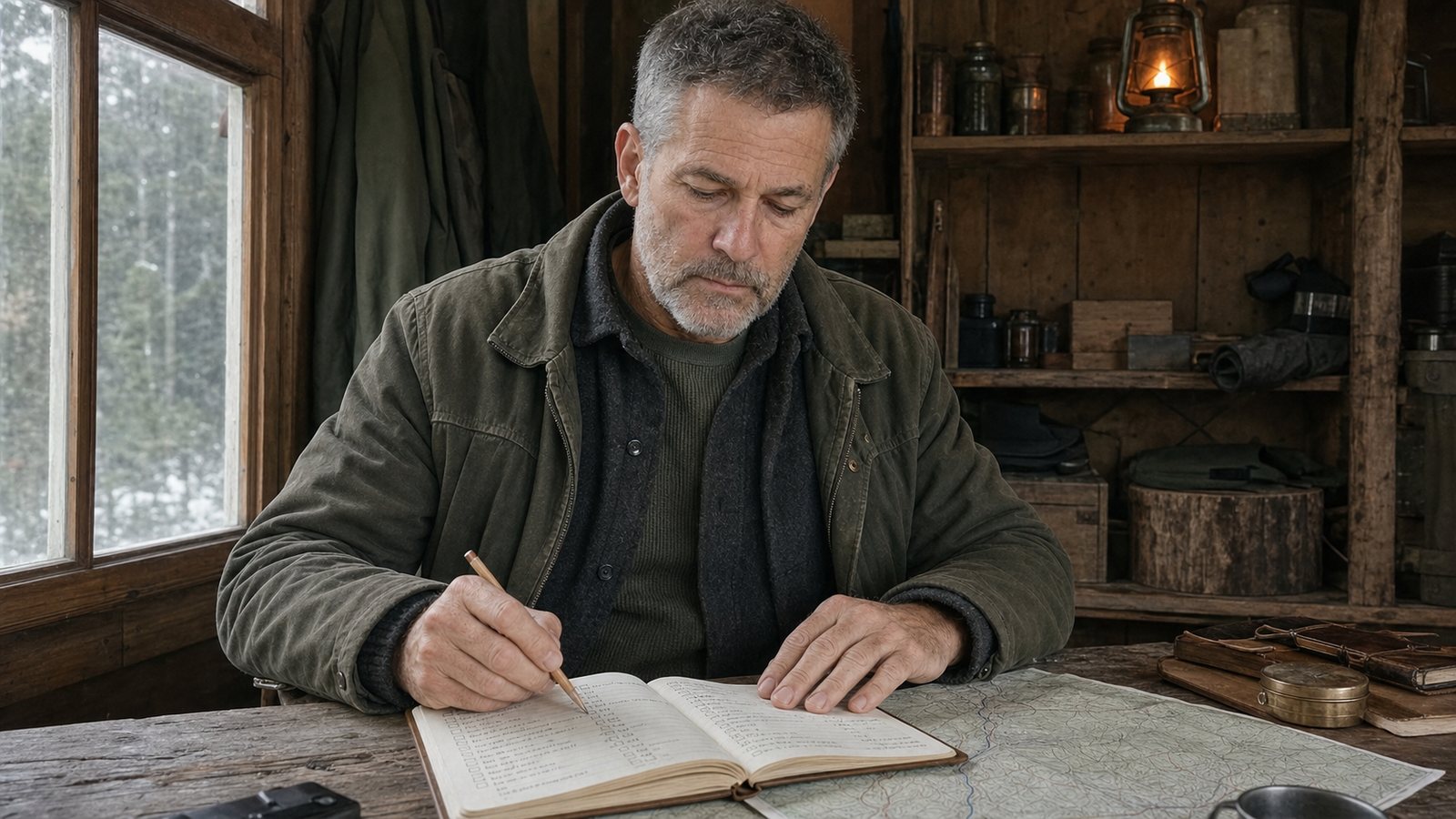 Martin Kellan checking sources at a cabin desk while writing the manual