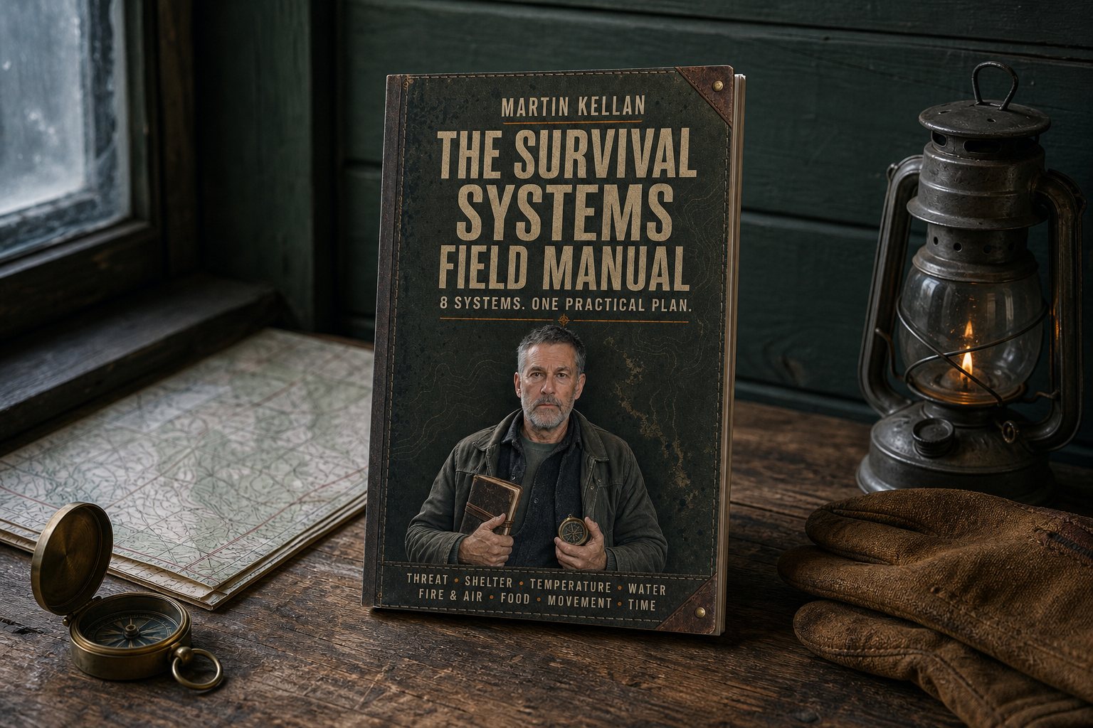 The Survival Systems Field Manual, 28 pages, open on a table