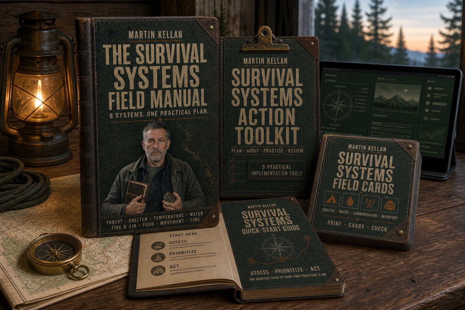 All five components of the Survival Systems Preparedness Bundle on a wooden table: the 28-page Field Manual, the Action Toolkit with its 9 implementation modules, the 7-page Quick-Start Guide, the four printable field cards, and the Interactive Preparedness Planner open on a tablet.