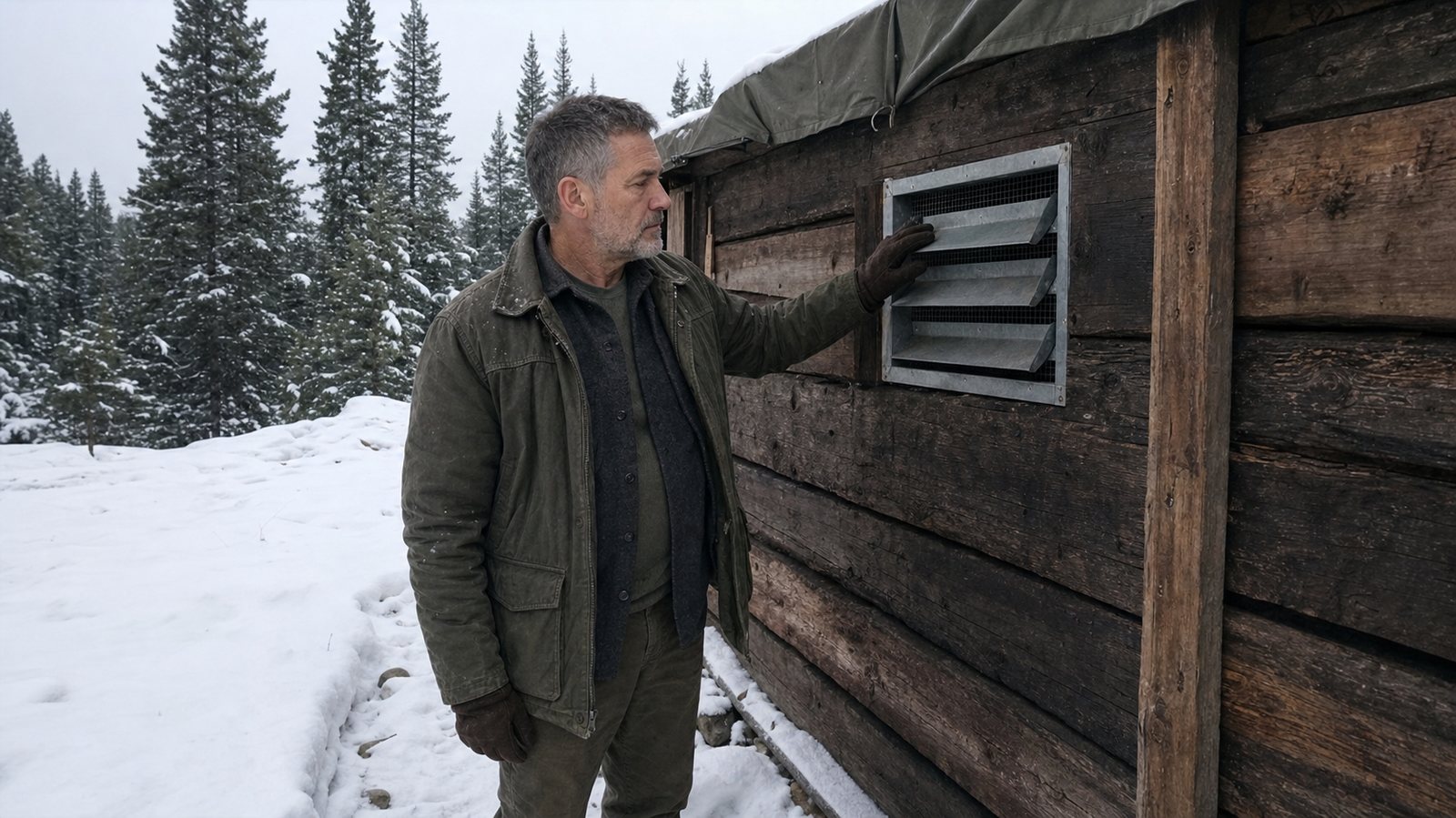 Martin Kellan checking ventilation on a cold-weather shelter