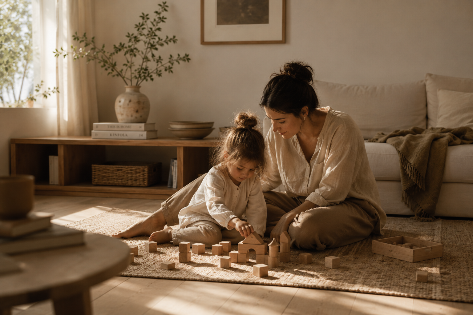 Mãe e filha brincando com blocos de madeira