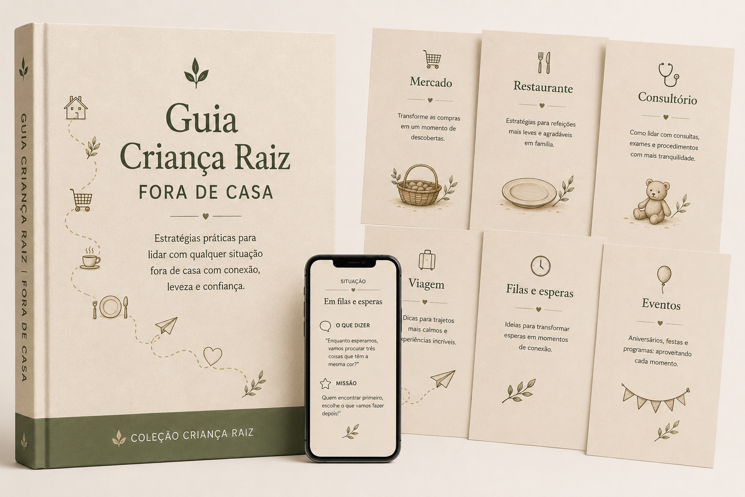Guia Criança Raiz Fora de Casa — mockup com capítulos