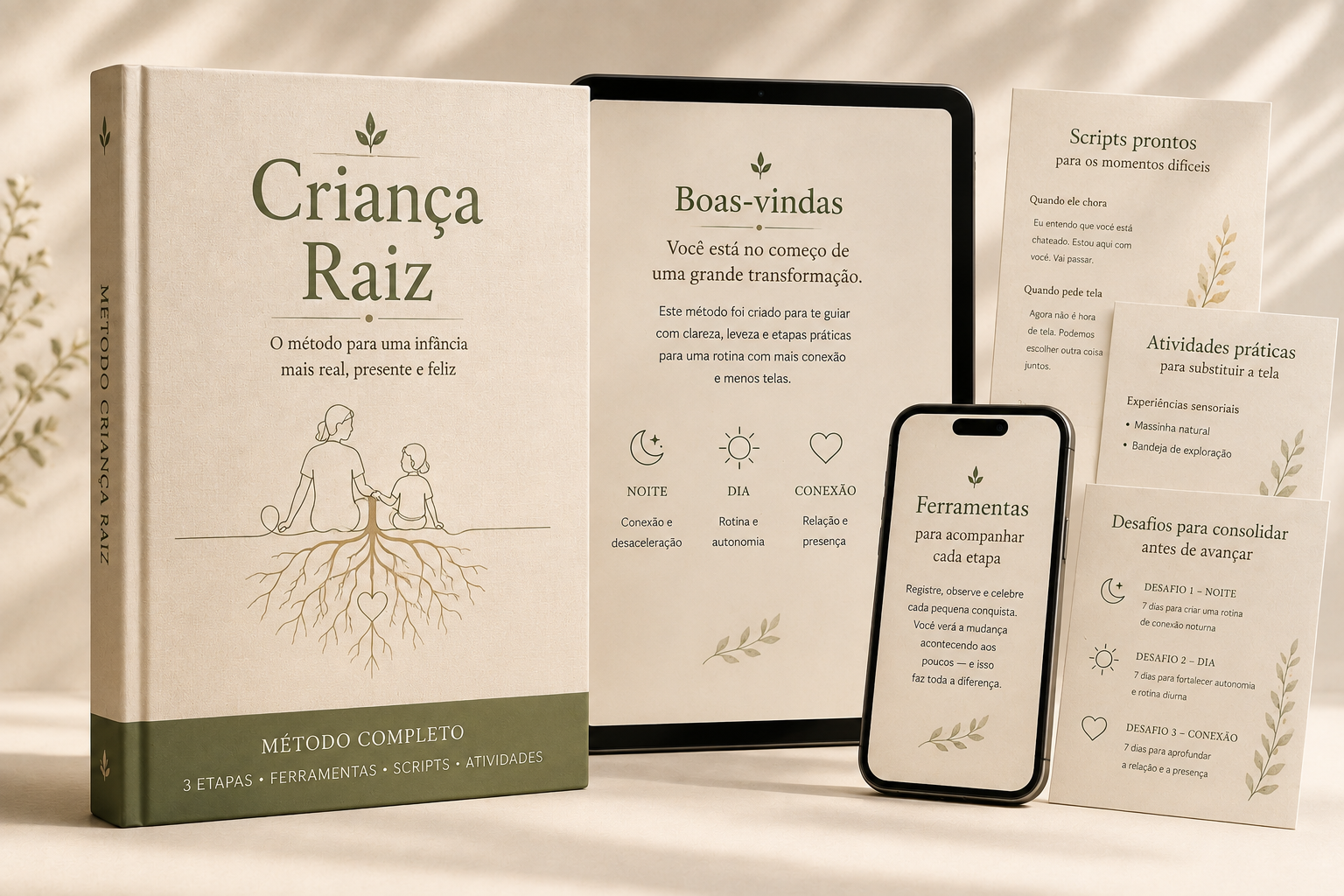 Método Criança Raiz — Coleção completa com livro, tablet, celular e cards