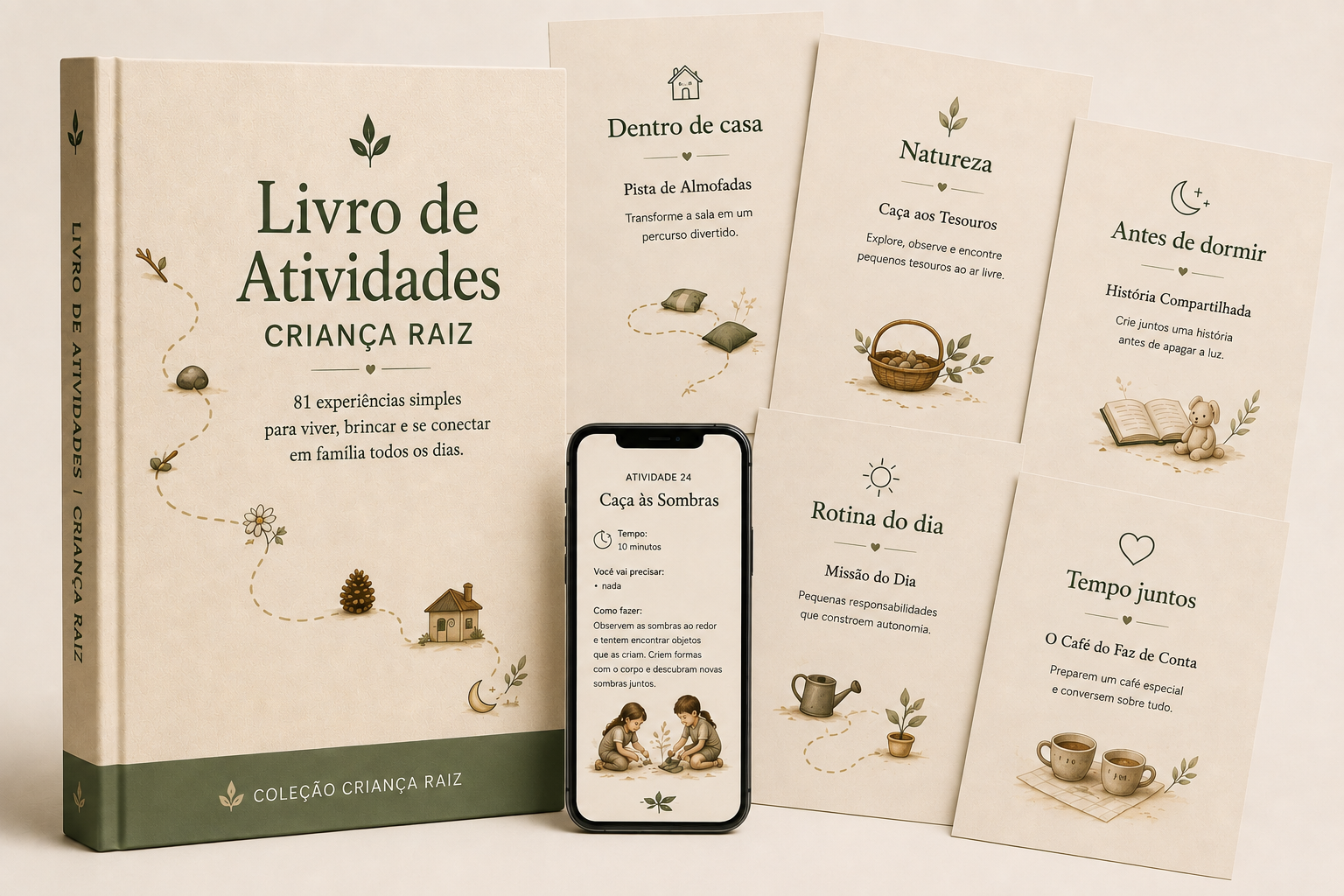 Livro de Atividades Criança Raiz — mockup com capítulos