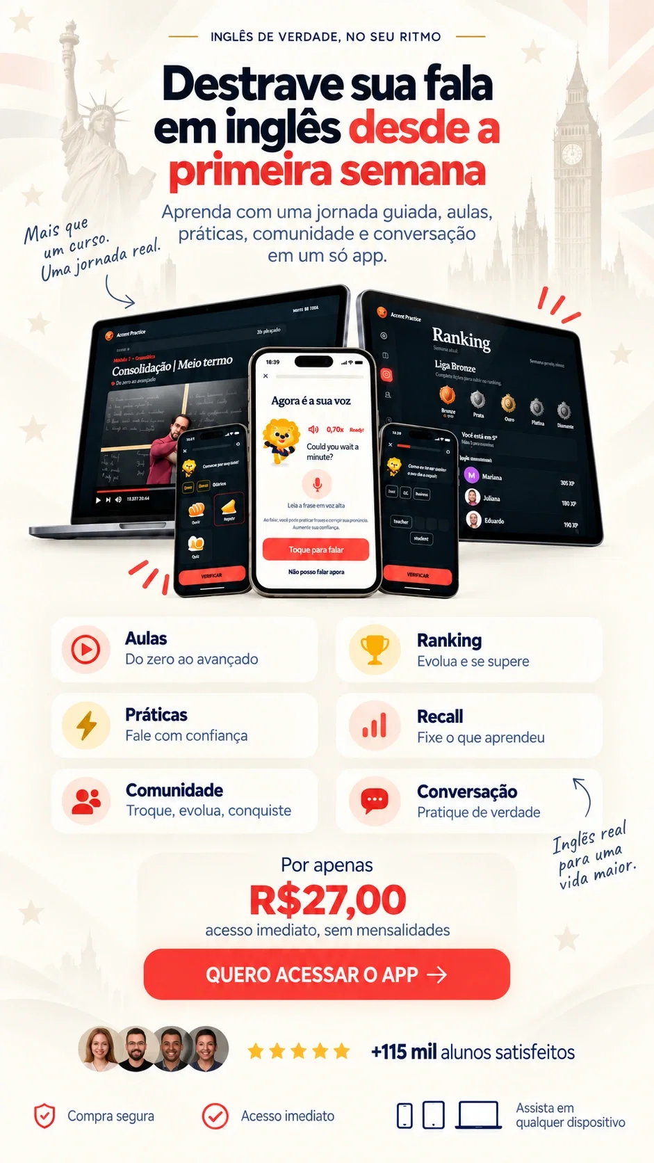 Método Accent no computador, tablet e celular, com aulas, ranking e práticas de inglês