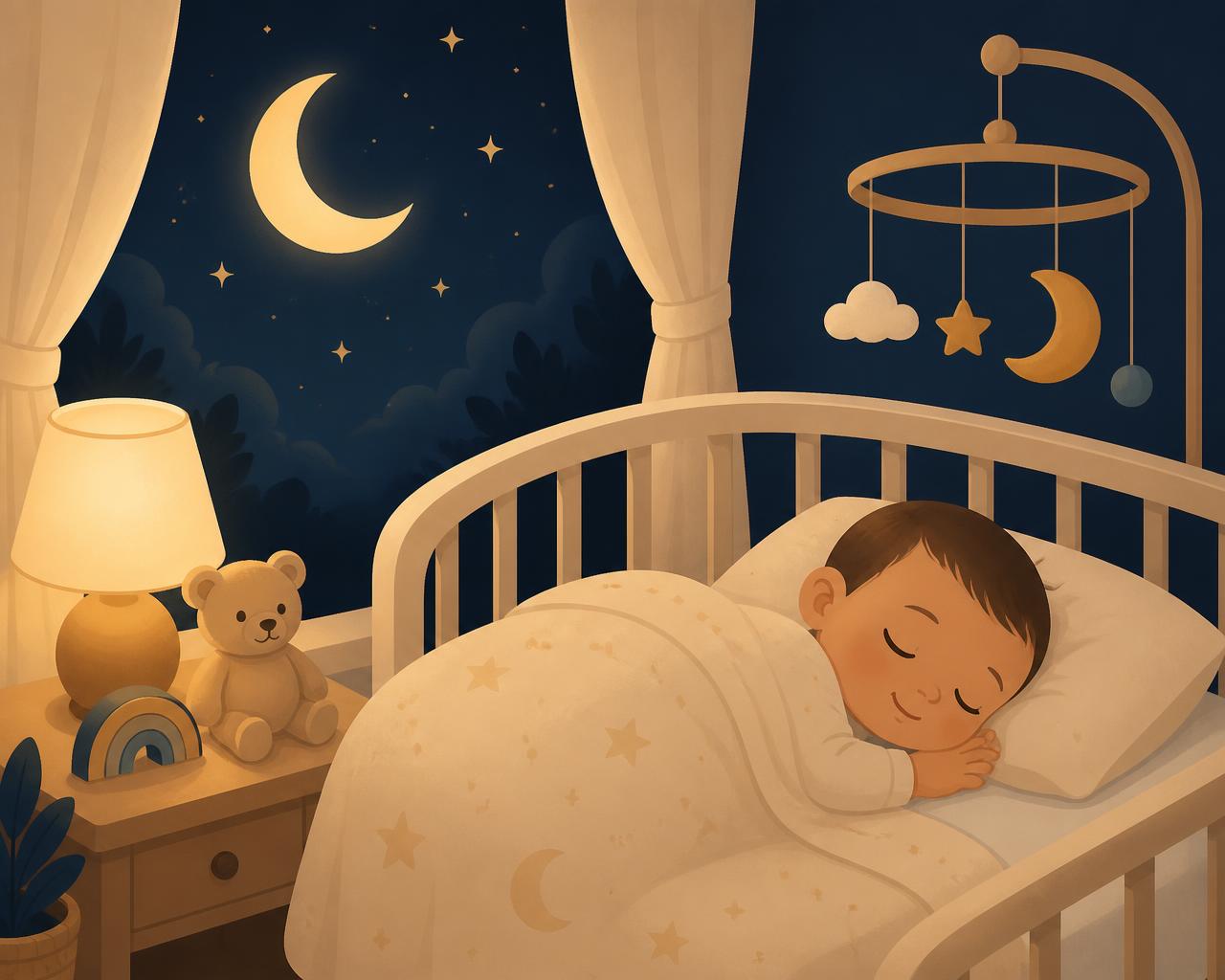 Bebê dormindo tranquilo no berço sob a lua