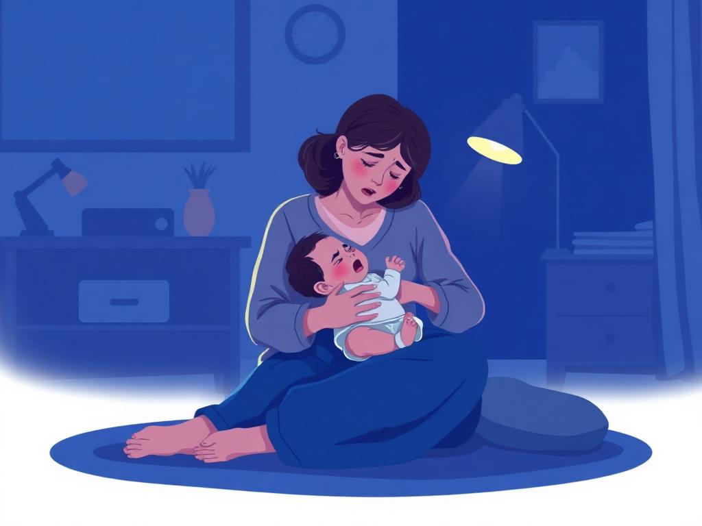 Mãe exausta no meio da noite acalmando o bebê chorando