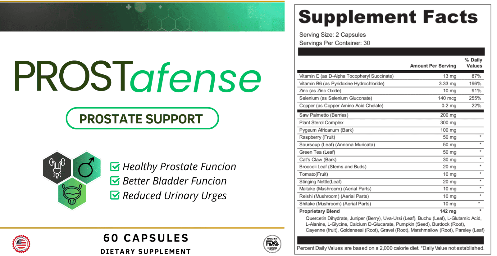 ProstAfense Supplement Facts label — full ingredient list