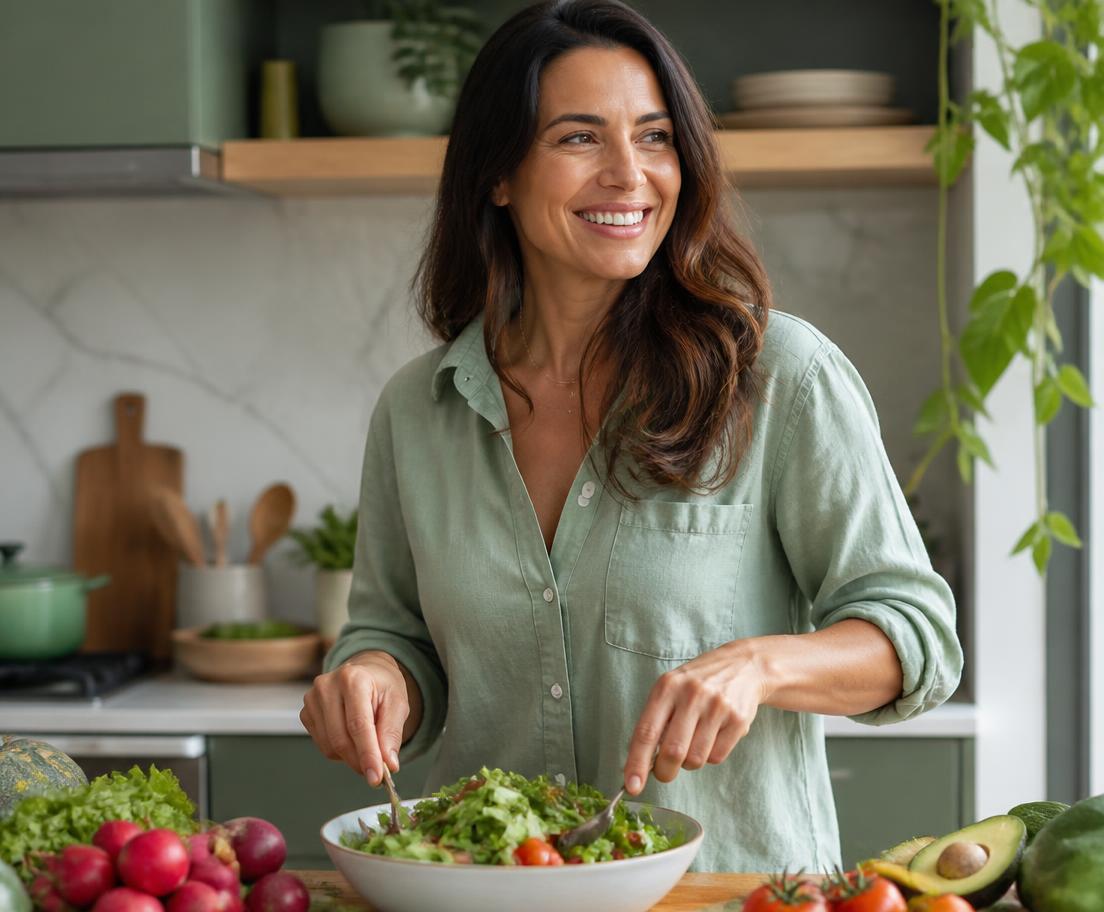 Mulher radiante preparando uma salada fresca em sua cozinha