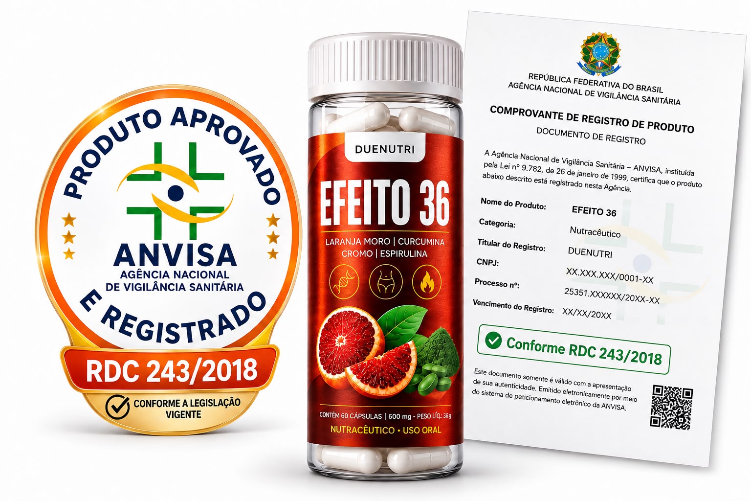 Efeito 36 é um suplemento alimentar 100% natural e liberado pela ANVISA de acordo com a RDC 243/2018
