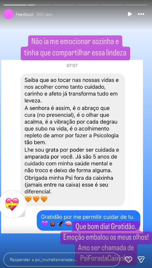Momento real compartilhado no Instagram de Michella Menezes