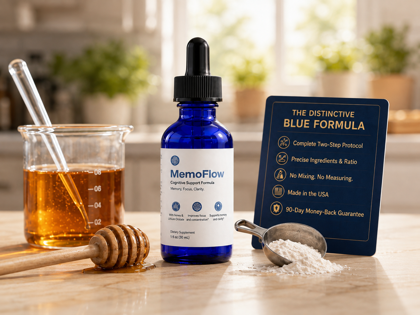 MemoFlow blue bottle with honey, dropper, and blue formula card showing 90-day guarantee