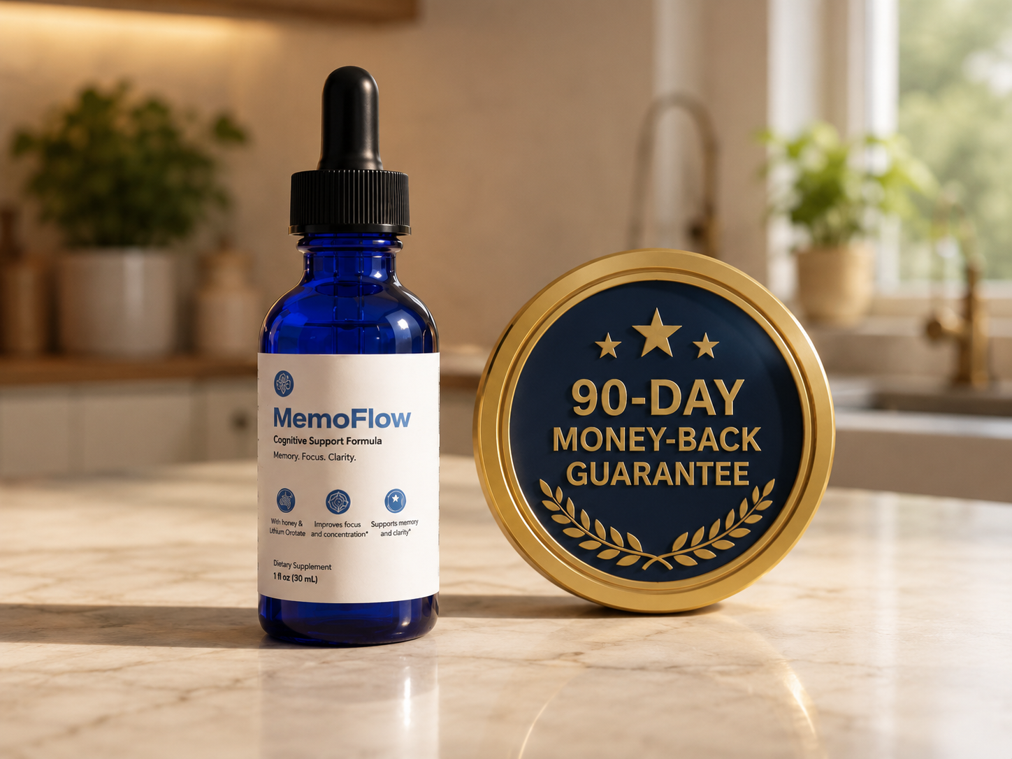 MemoFlow bottle beside a 90-day money-back guarantee badge
