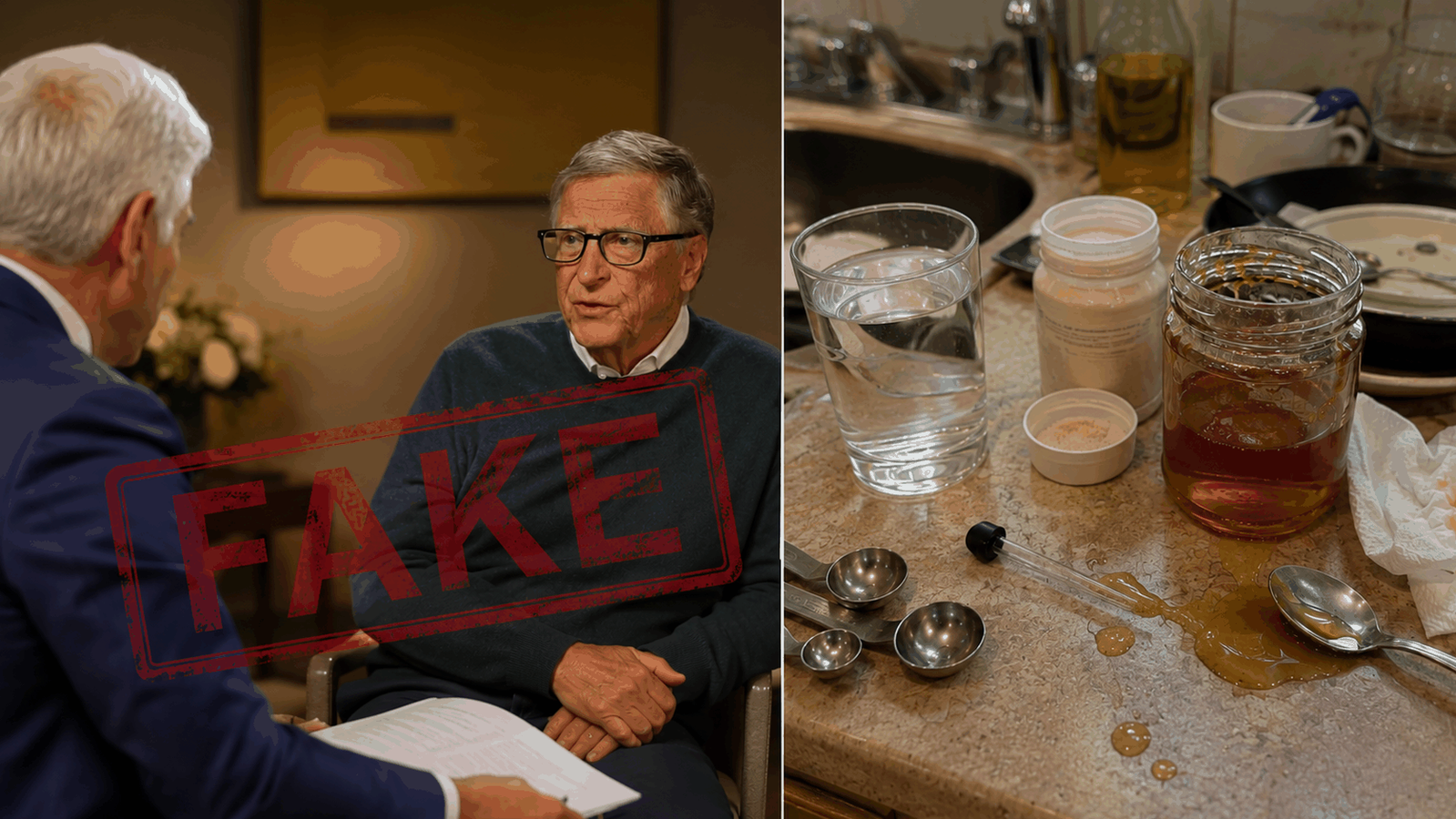Editorial collage of multiple celebrity-style interview portraits with a red FAKE stamp