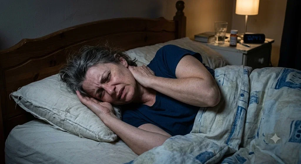 Person waking up with neck, shoulder and back pain caused by a worn-out, unsupportive pillow