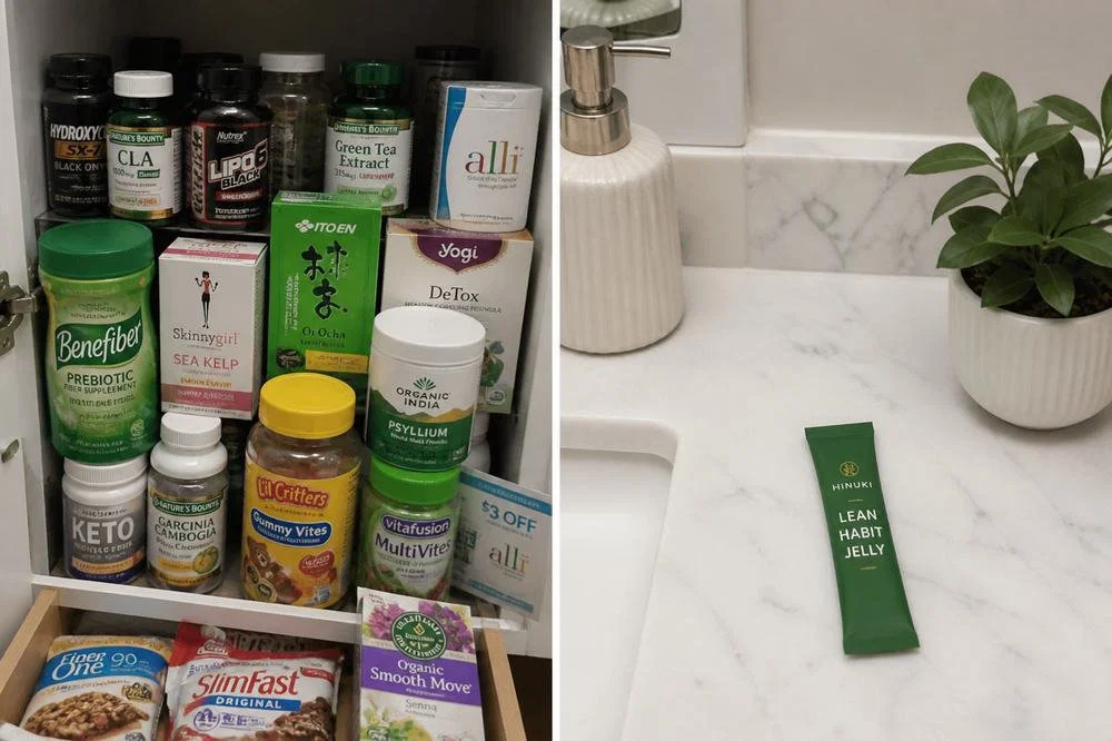 A drawer of supplements versus one Hinuki stick