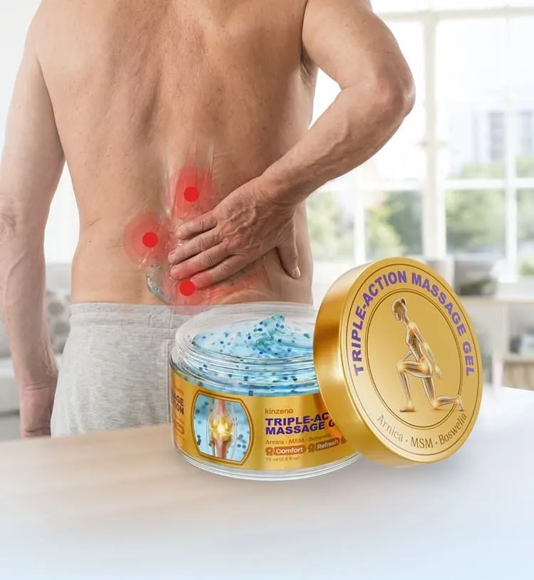 Kinzeno Gel aangebracht op knieën, rug en handen voor gerichte, medicijnvrije pijnverlichting
