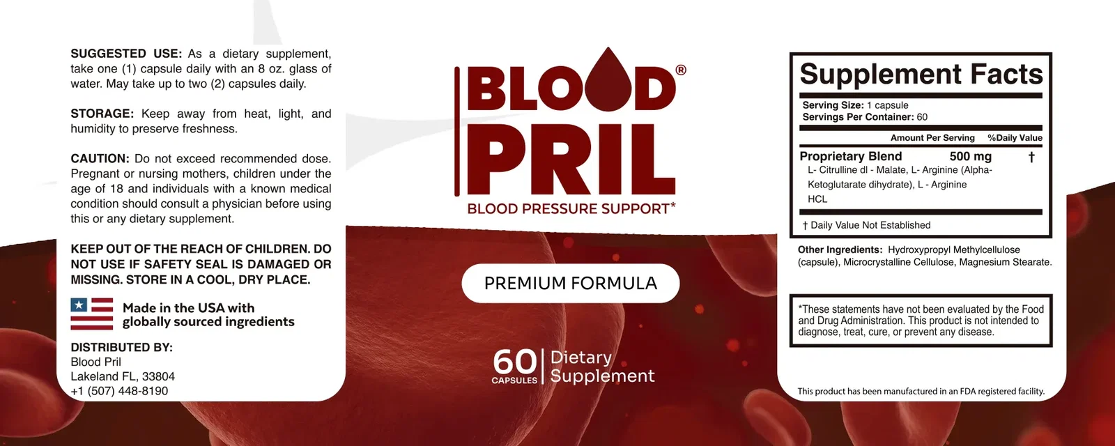 BloodPril supplement facts label and formula